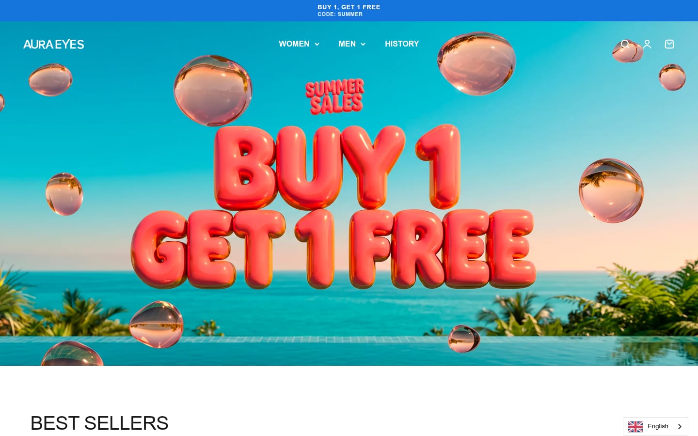 Aura Eyes' live homepage — a loud 3D promo on a stock backdrop